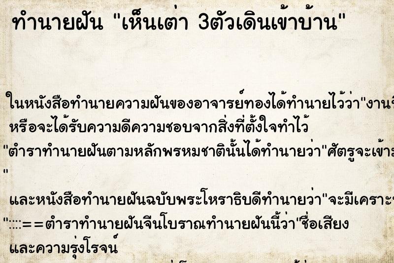 ทำนายฝันเห็นเต่า3ตัวเดินเข้าบ้าน ทำนายฝันทำนายฝันเห็นเต่า3ตัวเดินเข้าบ้าน